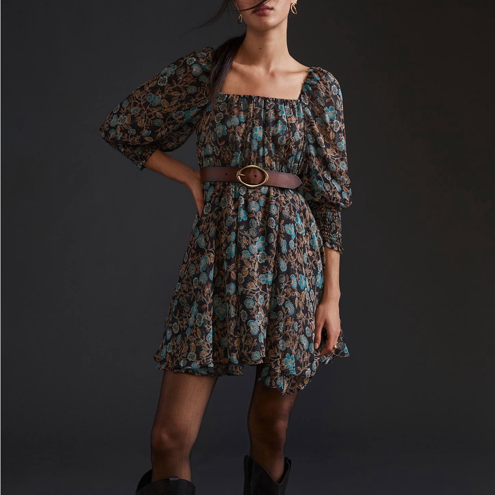 MISA Smocked Mini Dress Floral Puff Sleeve Woman’s XS
